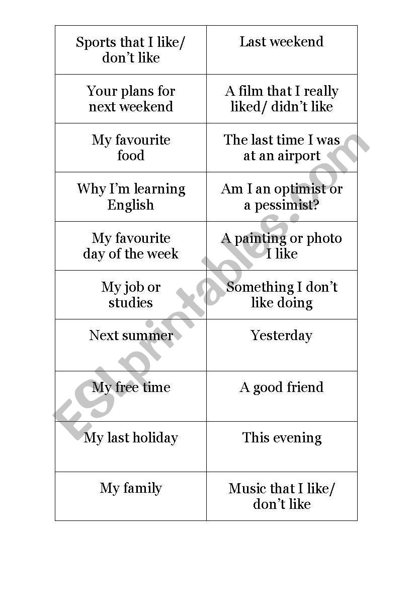 Talk for a minute about... worksheet