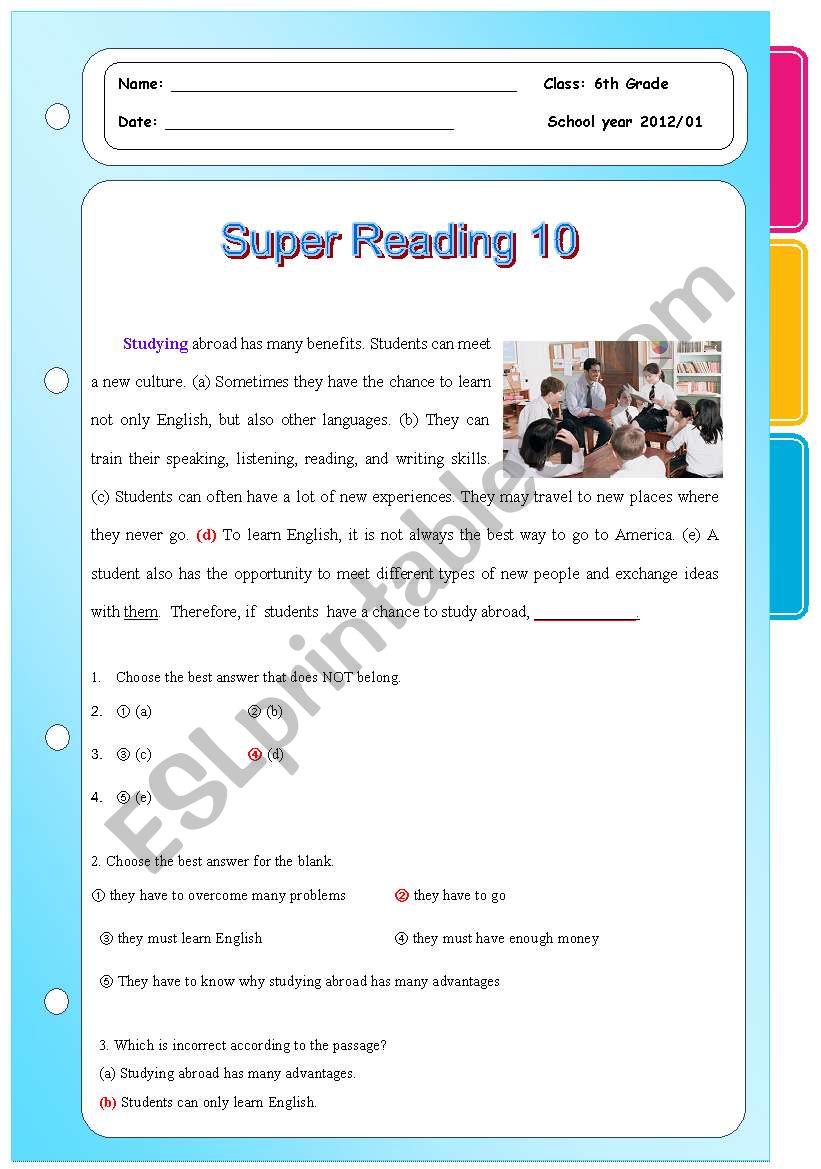 Super Reading Series 10 worksheet