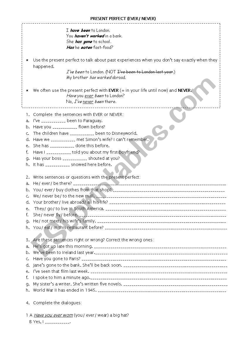 Present perfect (ever/ never) worksheet