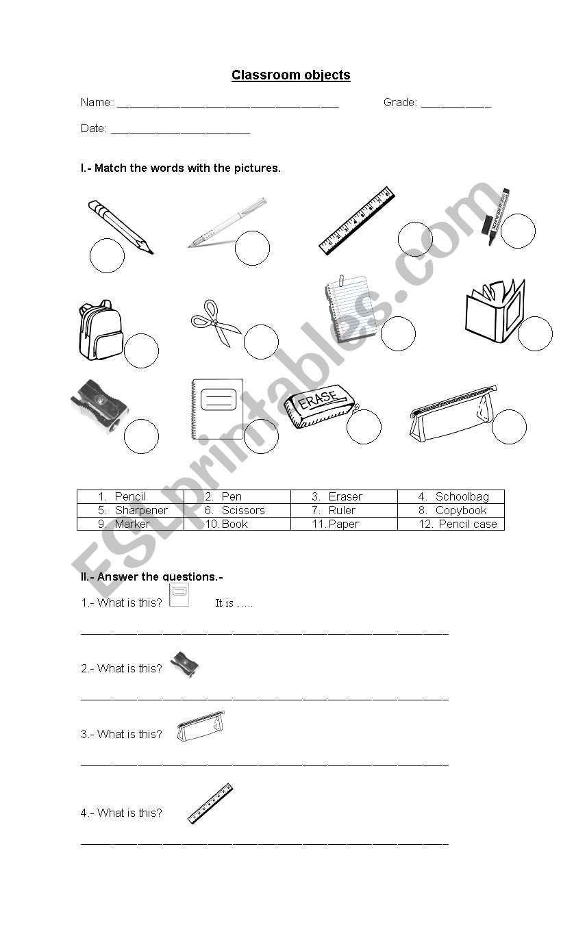 Classroom objects worksheet