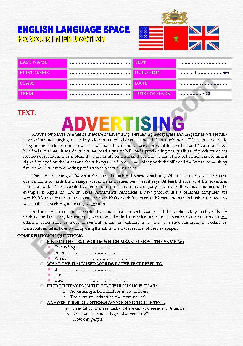 ADVERTISING  worksheet