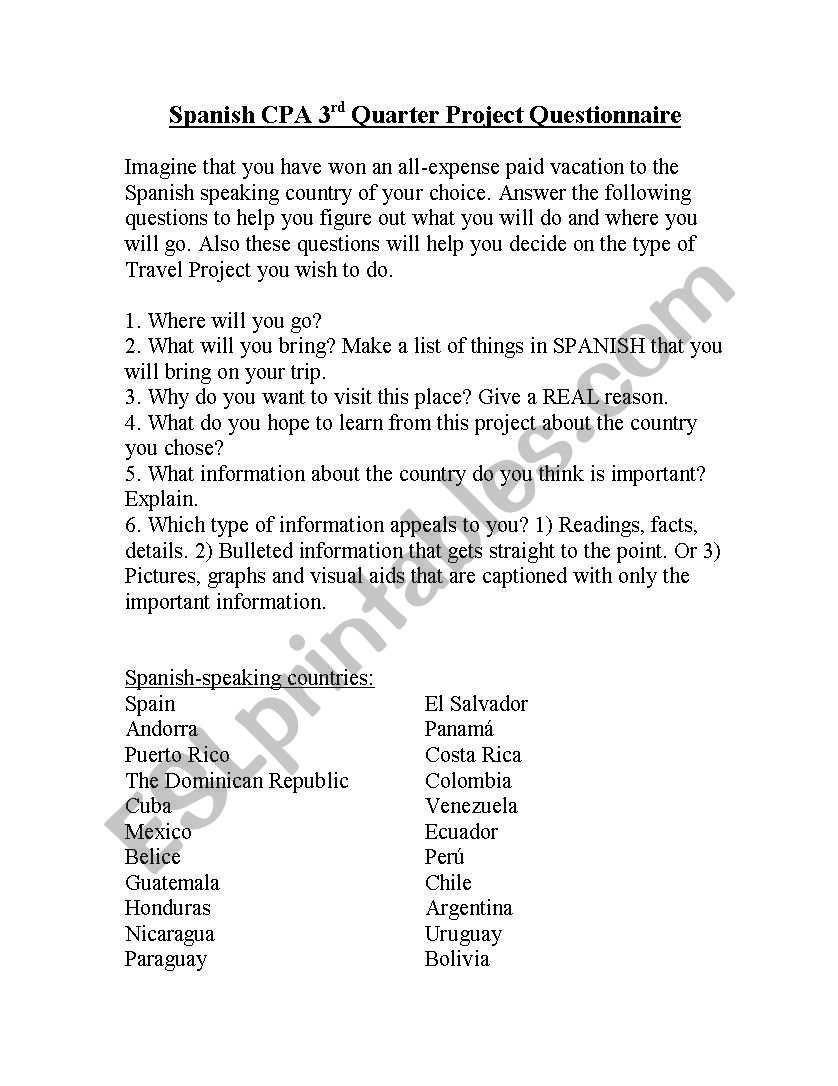 Vacation Projects  worksheet