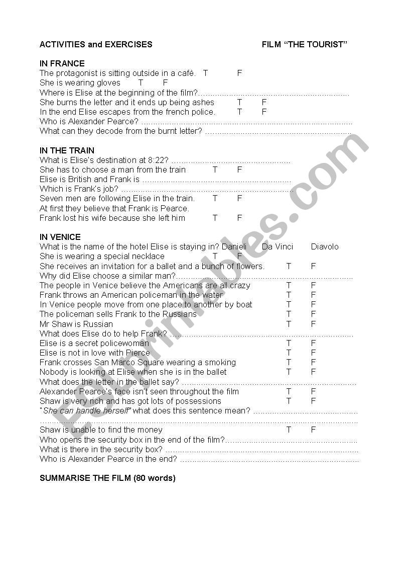 THE TOURIST FILM worksheet