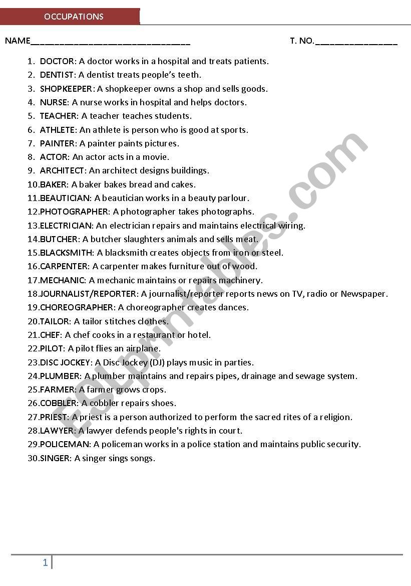 Occupation definition & Worksheet