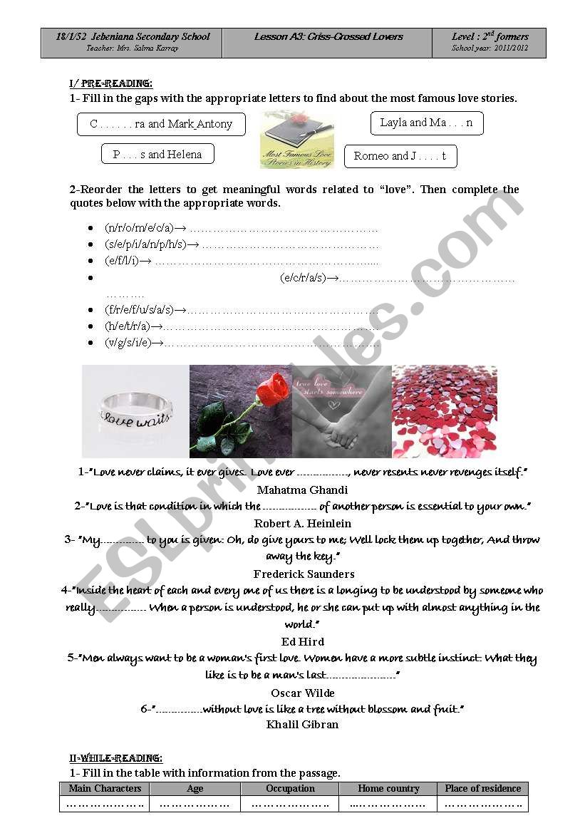 criss-crossed lovers worksheet