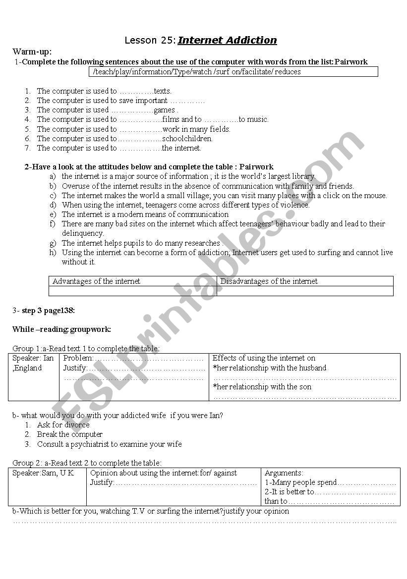 Internet Addiction worksheet