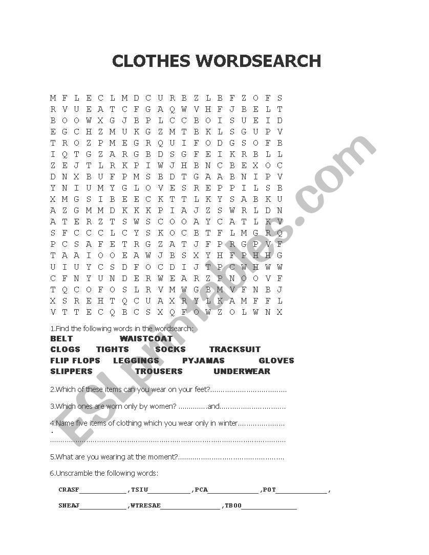 clothes wordsearch+activities worksheet