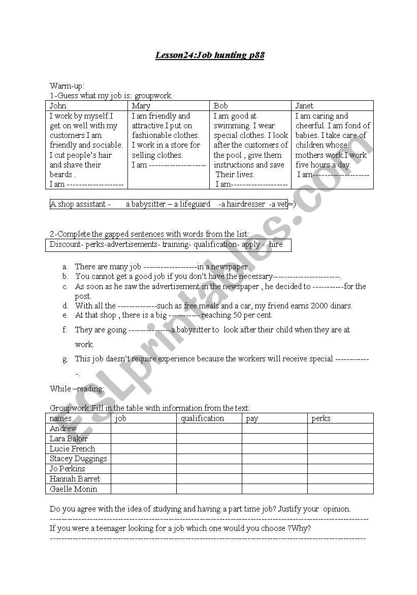 Employment worksheet