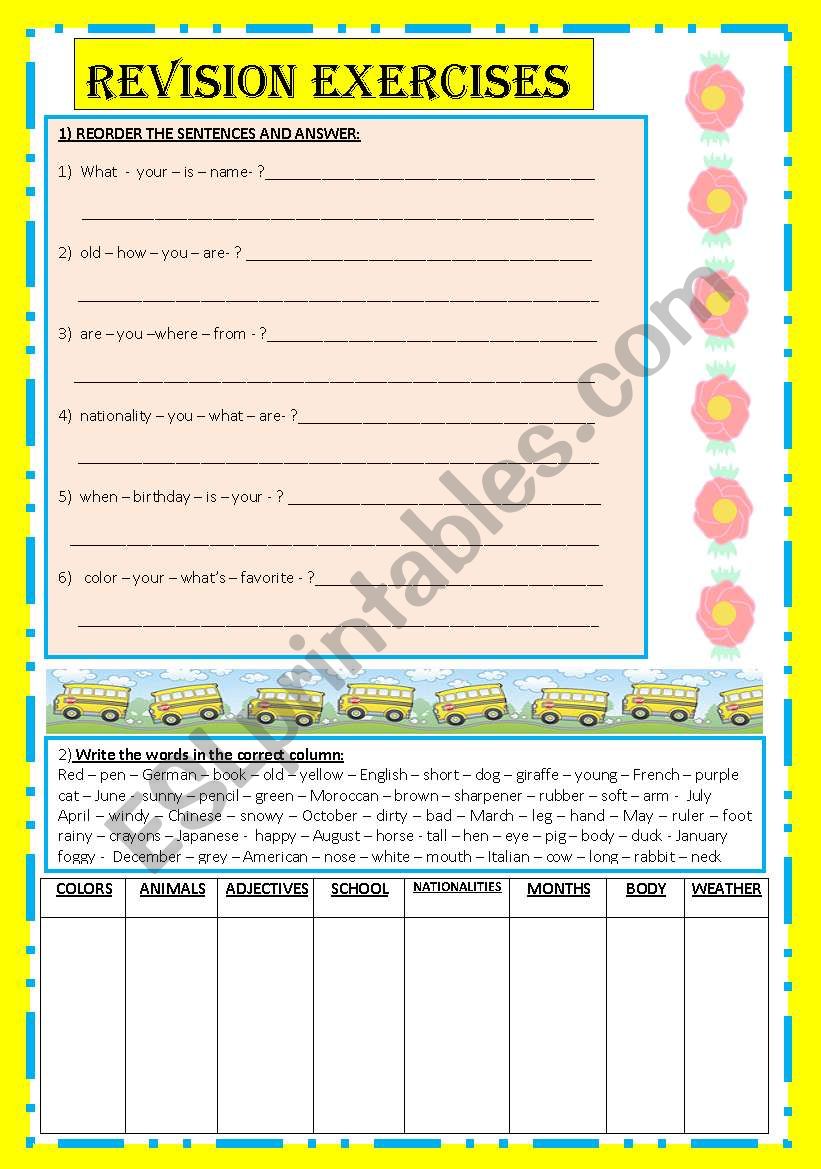 revision exercises worksheet