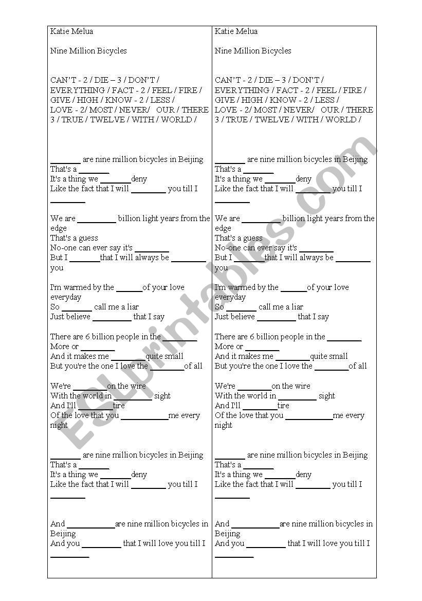 Nine million bicycles worksheet