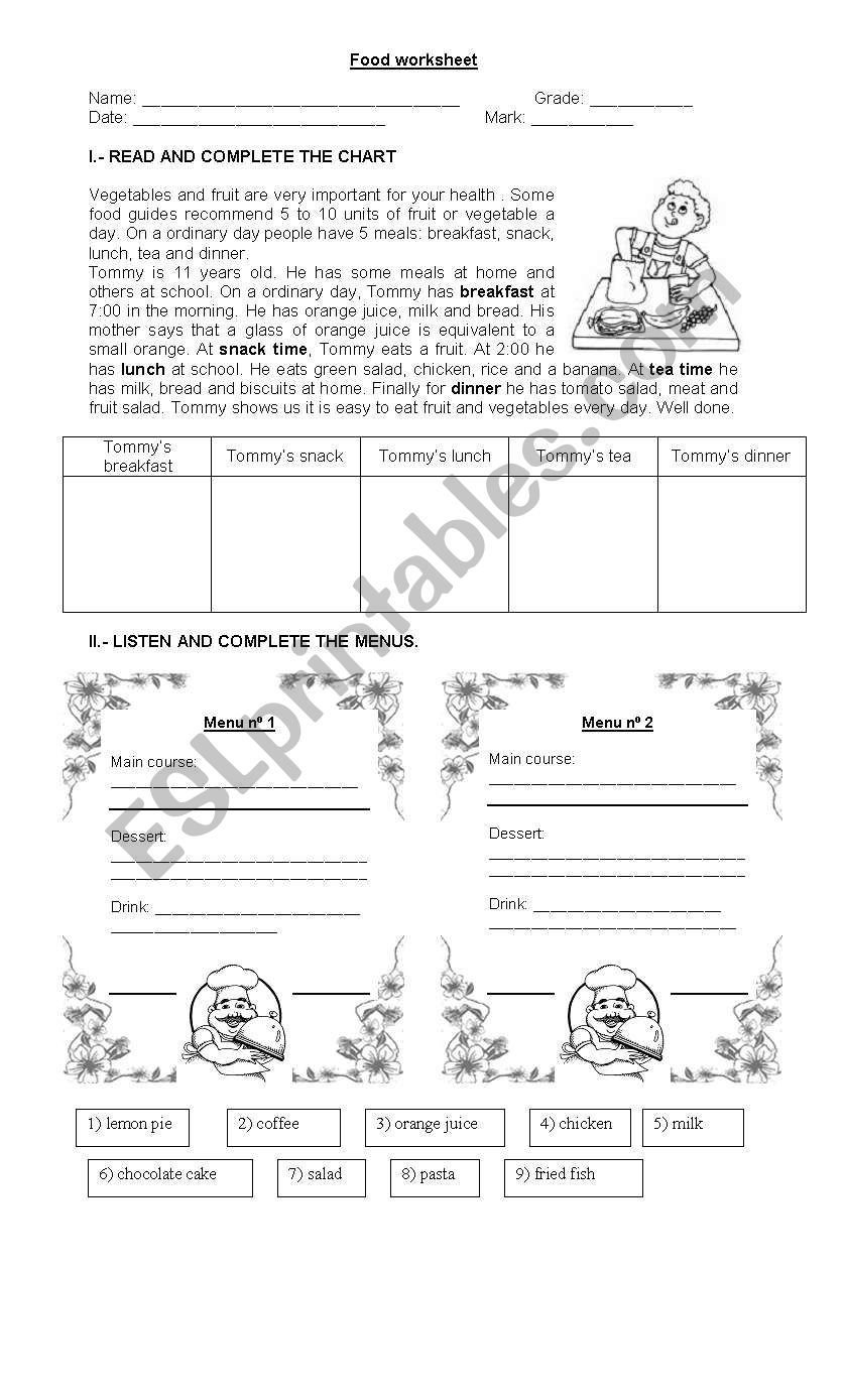 Meals and food worksheet worksheet