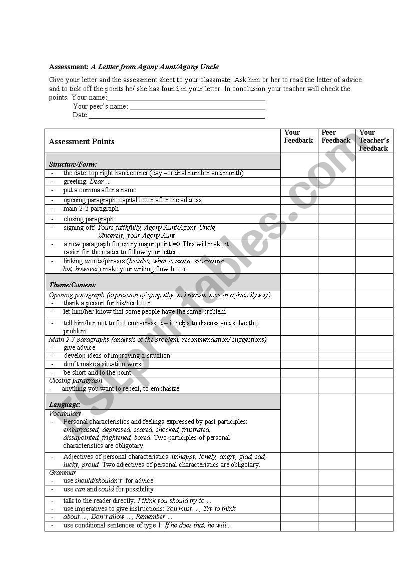 Assessment sheet for a letter of Agony Aunt/Agony Uncle