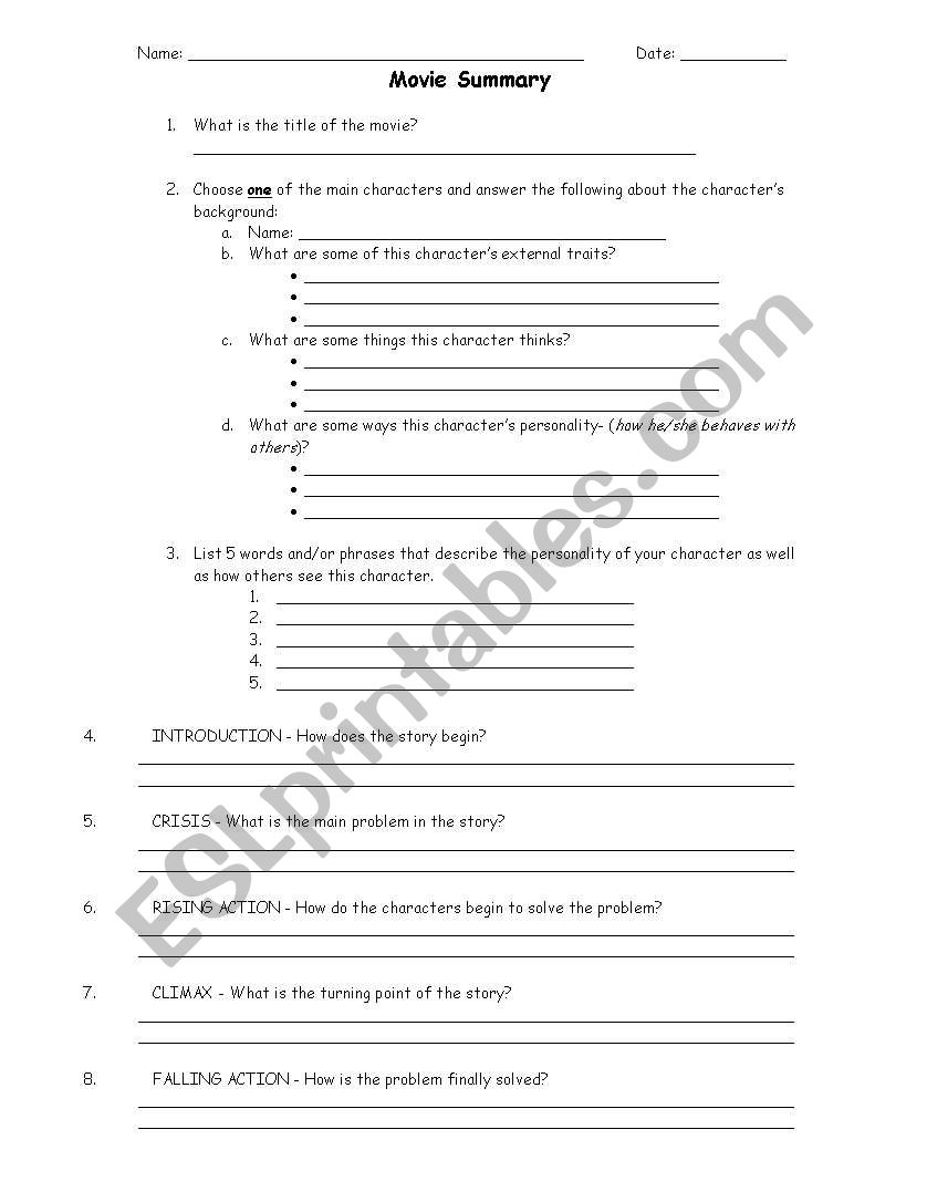 Movie Summary  worksheet