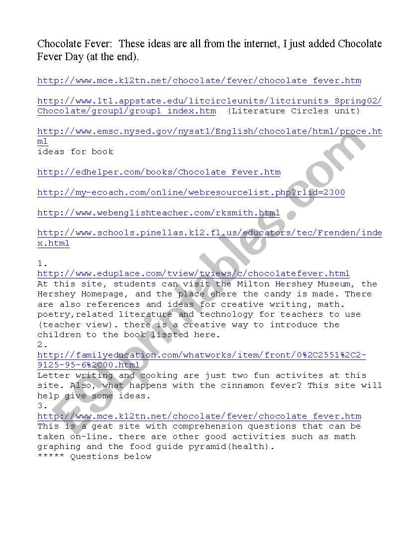 Chocolate Fever Unit worksheet