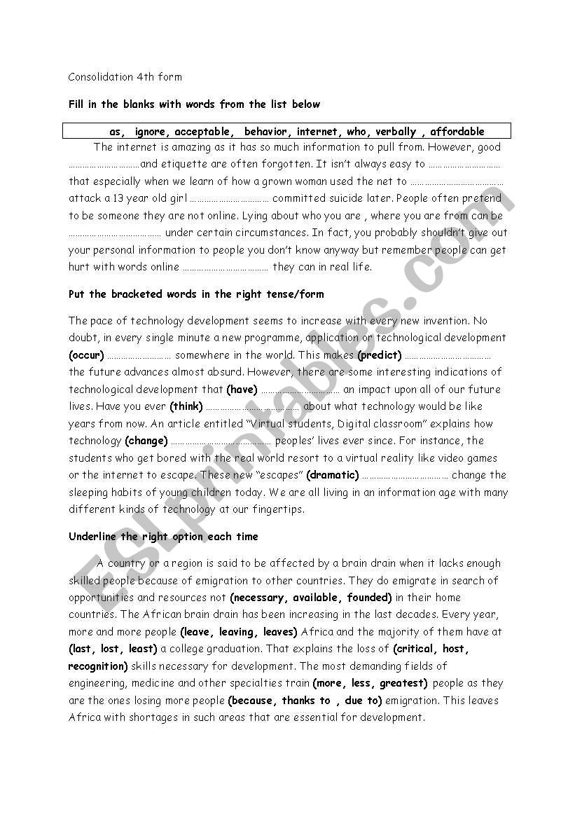 revision 4th form worksheet