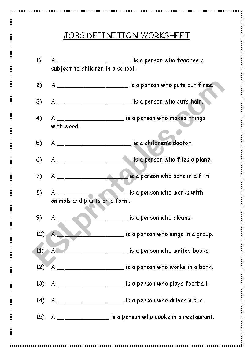 Jobs definition worksheet worksheet