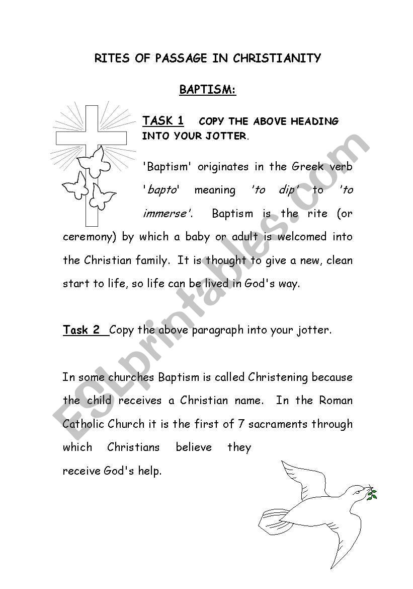 Rights of Passage Baptism worksheet
