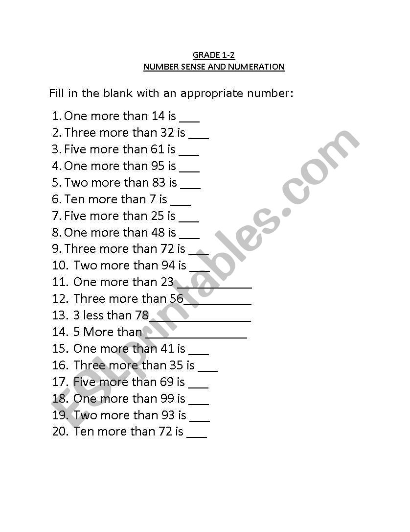 GRADE 1 NUMERATION worksheet