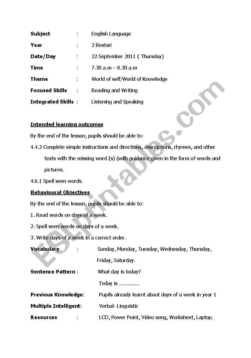 lesson plan days of a week worksheet