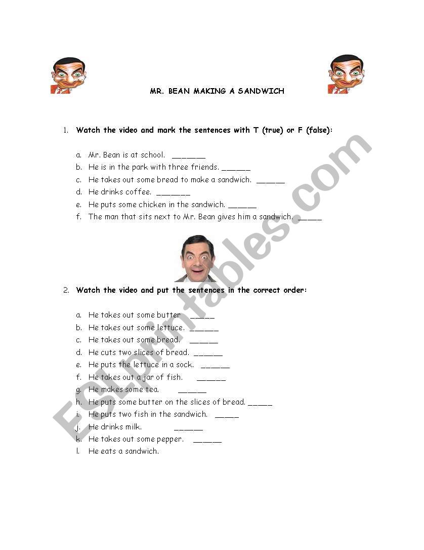 Mr.Bean making a sandwich worksheet