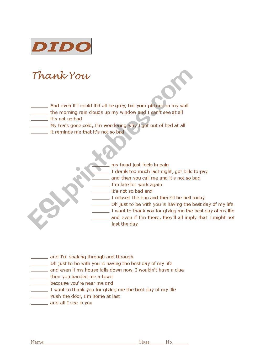 Dido - Thank You worksheet