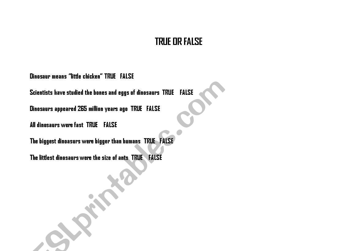 DINOSAURS True or False worksheet