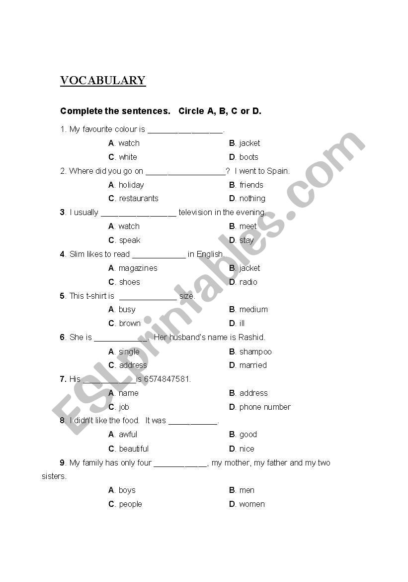 English Worksheets Vocabulary Test For The Beginners