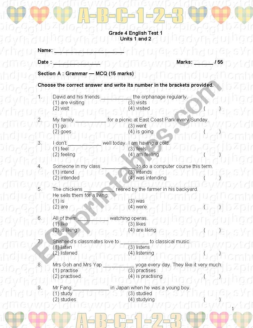 Grade 4 English Test 1 worksheet