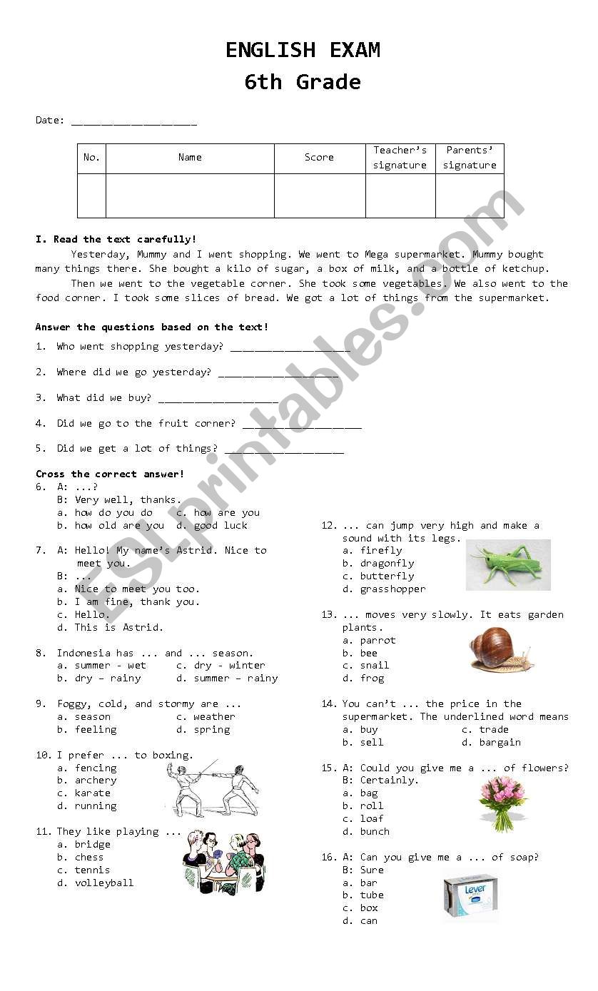 6th Grade Exam worksheet