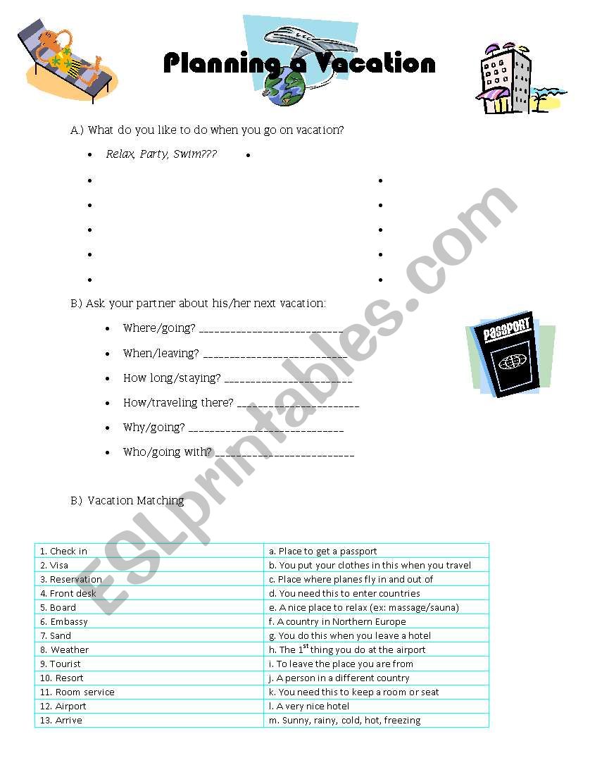 Planning a vacation worksheet