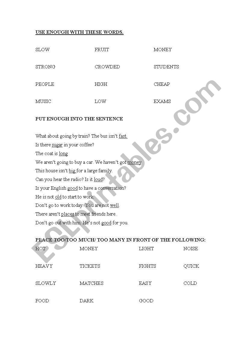 enough, too much, toomany worksheet