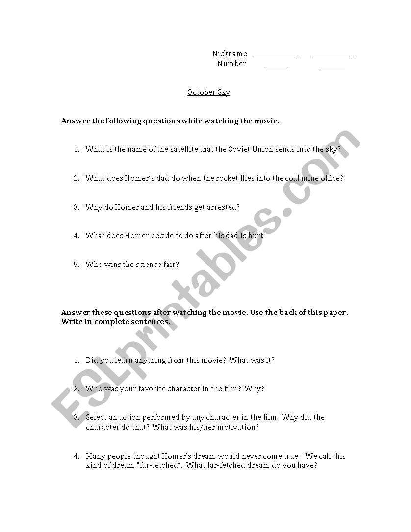 October Sky Movie Guide worksheet
