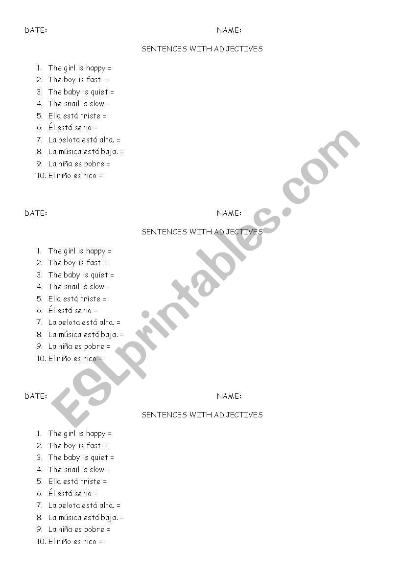Sentences with adjectives worksheet