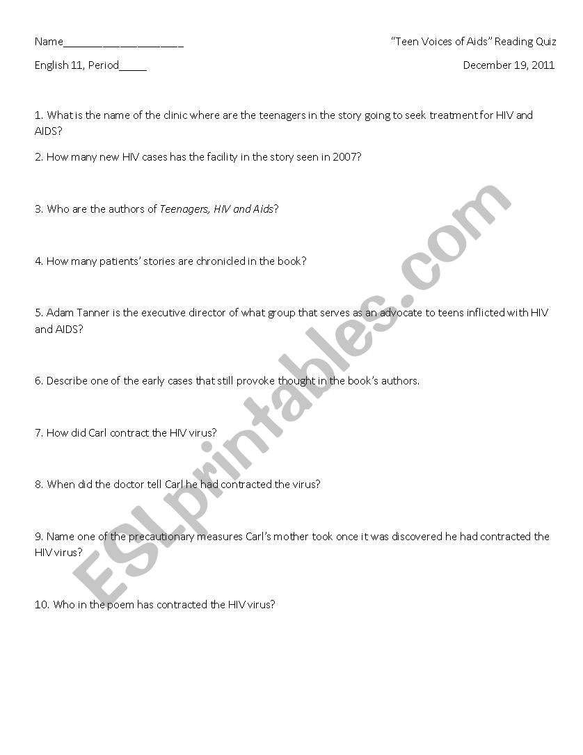 AIDS AWARENESS worksheet