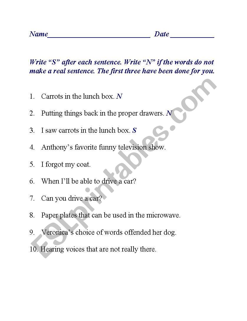 Sentence Sense worksheet