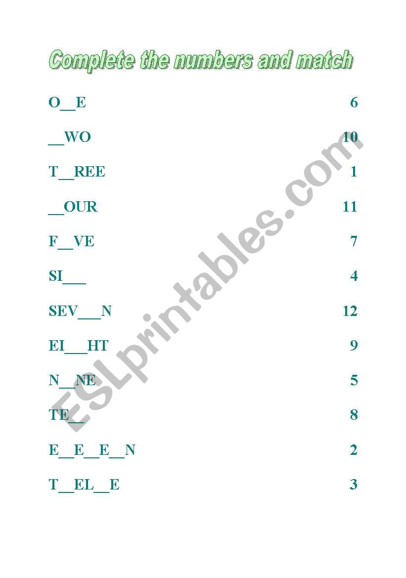 Comlete the numbers 0-12 worksheet