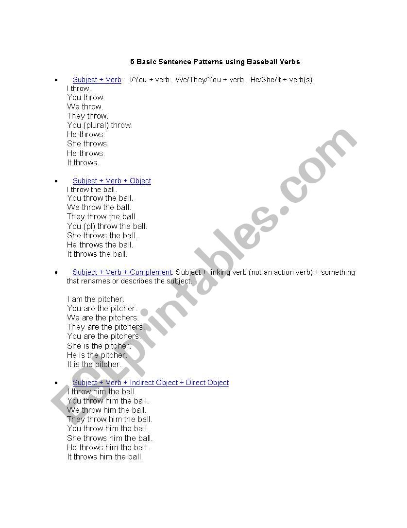 Sentence Patterns Using Baseball Verbs