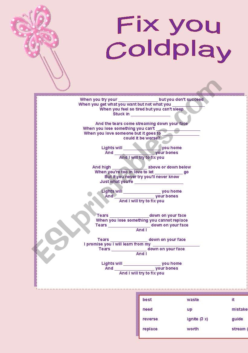 Fix you - Coldplay worksheet