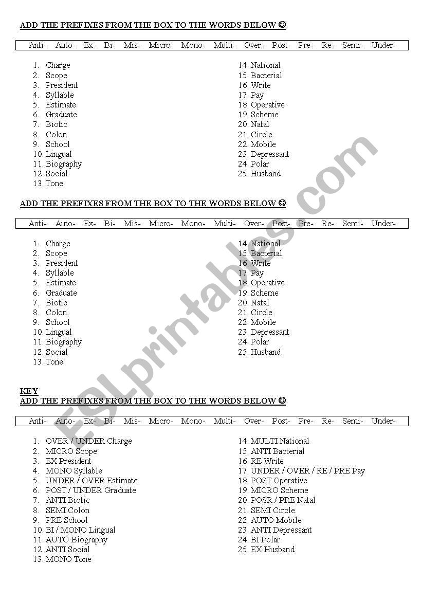 Prefixes worksheet