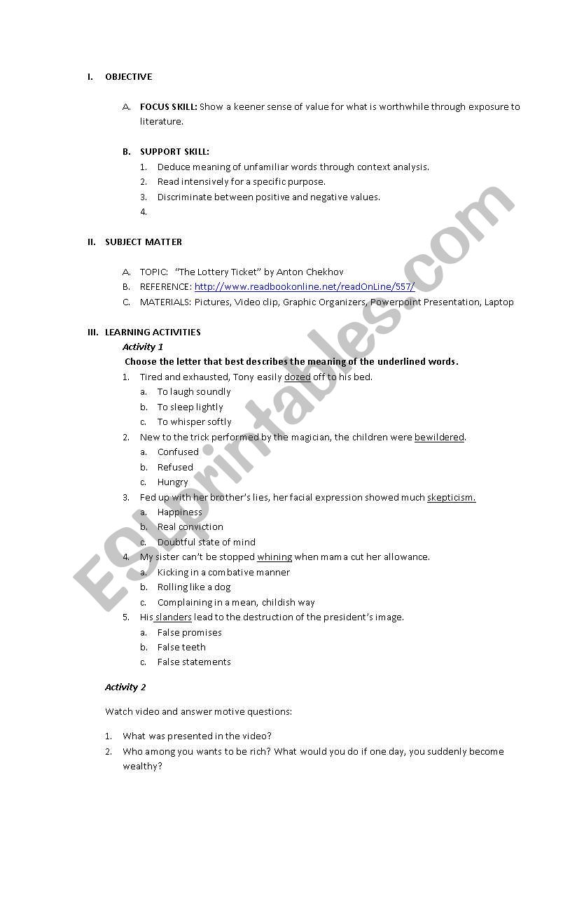 the lottery ticket by anton ckehov lesson plan