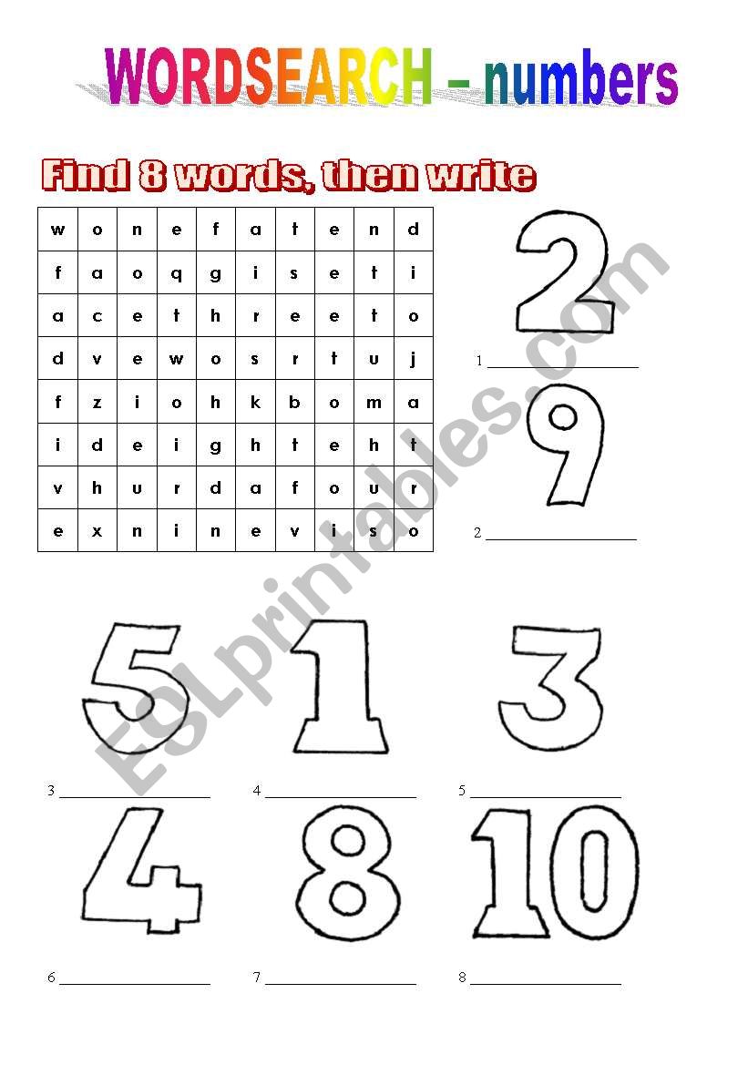 wordsearch numbers 1 - 10  worksheet