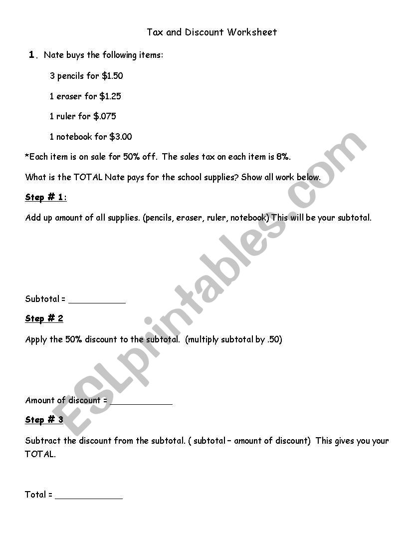Figuring Tax and Discounts worksheet