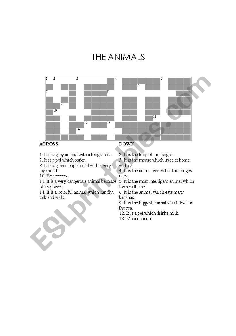 Crossworrd: The Animals worksheet