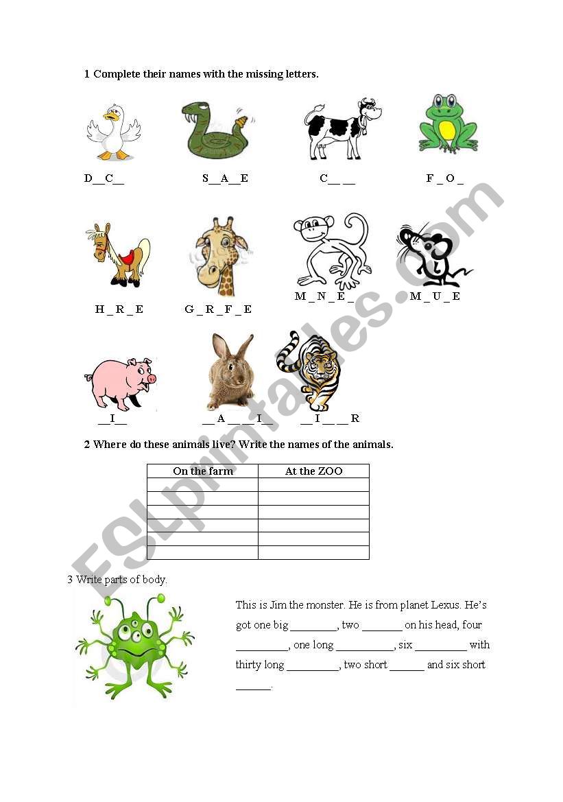 Animals & parts of body worksheet