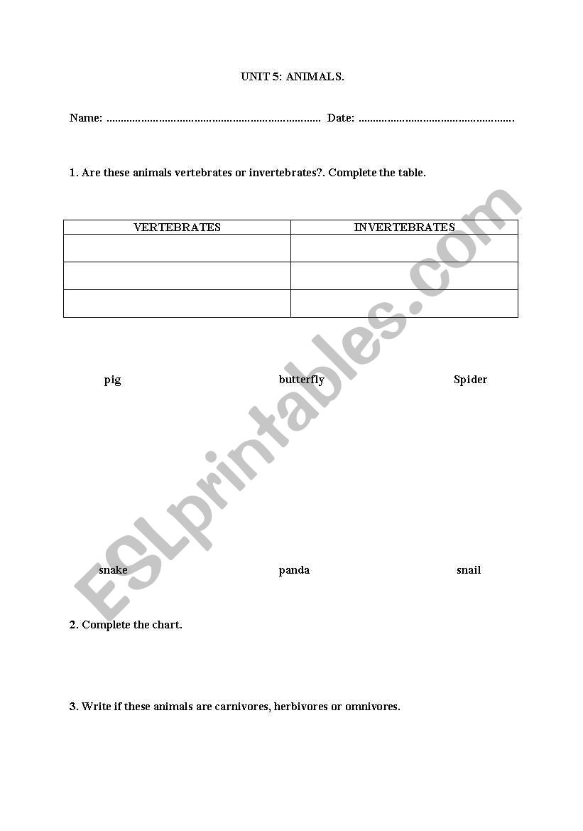 animals worksheet