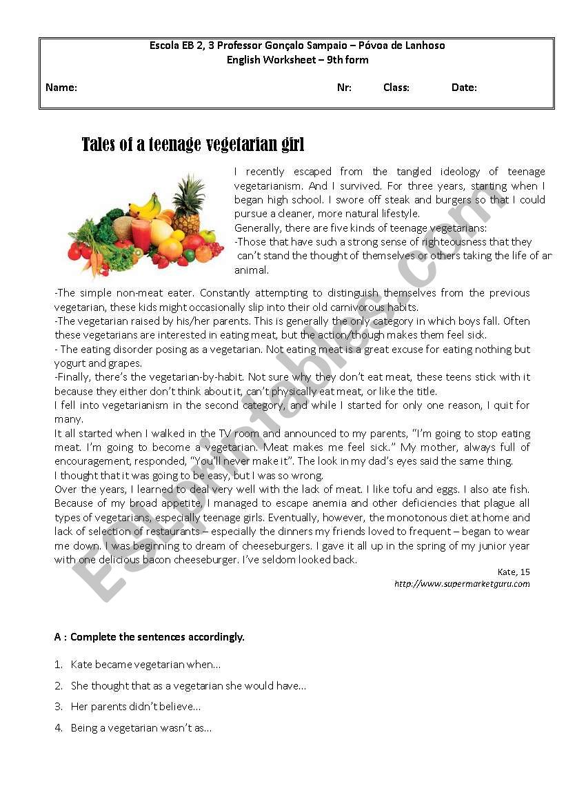Vegetarianism worksheet