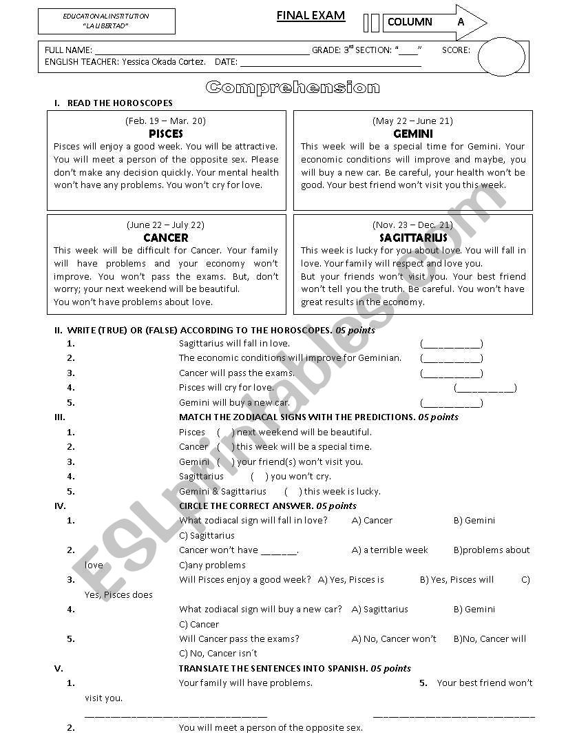 zodiacal signs worksheet