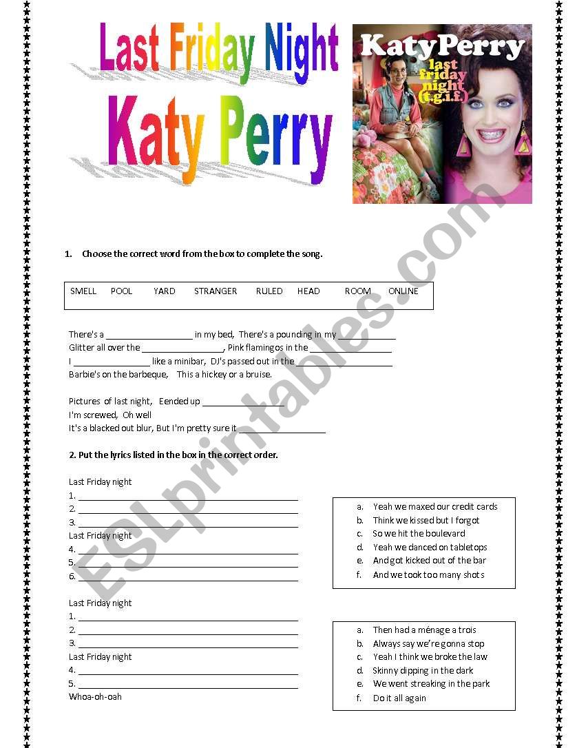 KATY PERRY LAST FRIDAY NIGHT worksheet