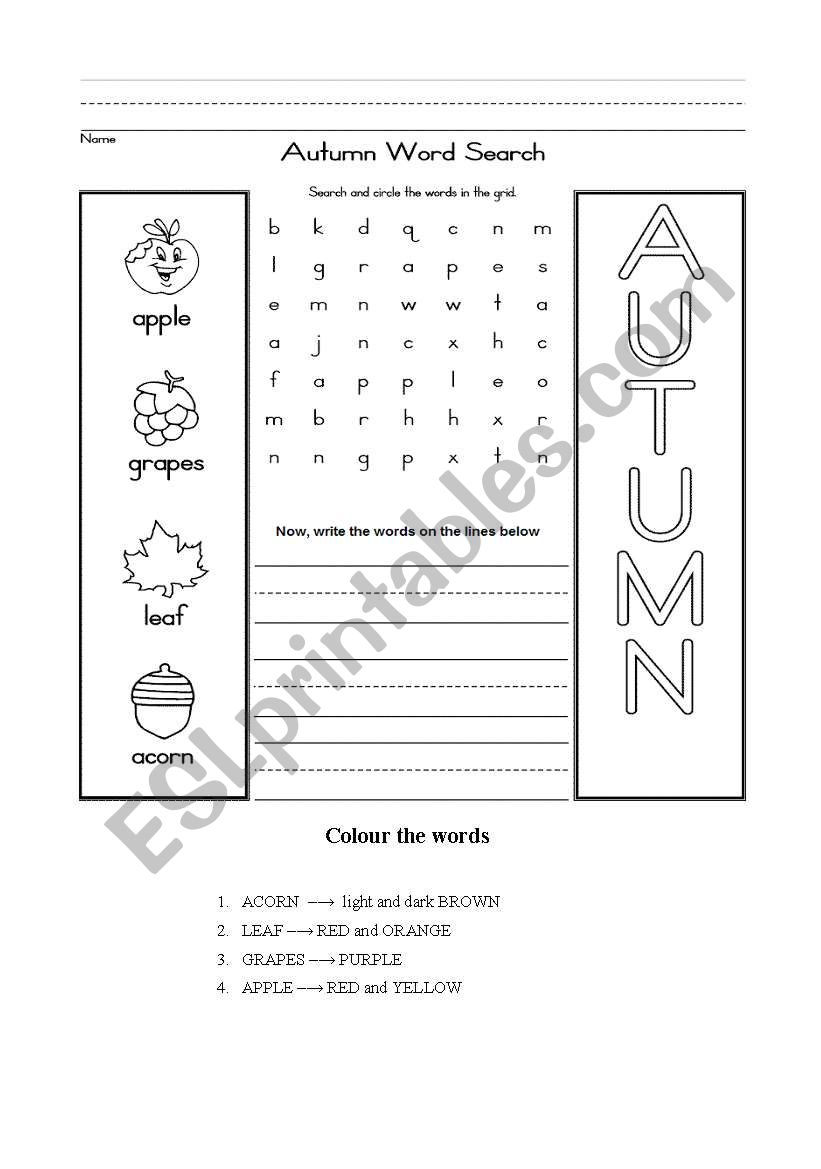 Autumn word search worksheet