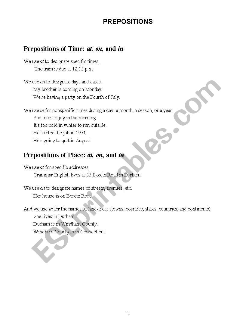 Prepositions worksheet